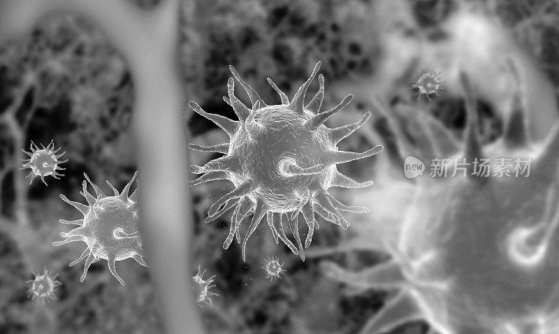 3 d渲染的概念。COVID-19阴性膜。危险的冠状病毒流感毒株微观视角，大流行危机。